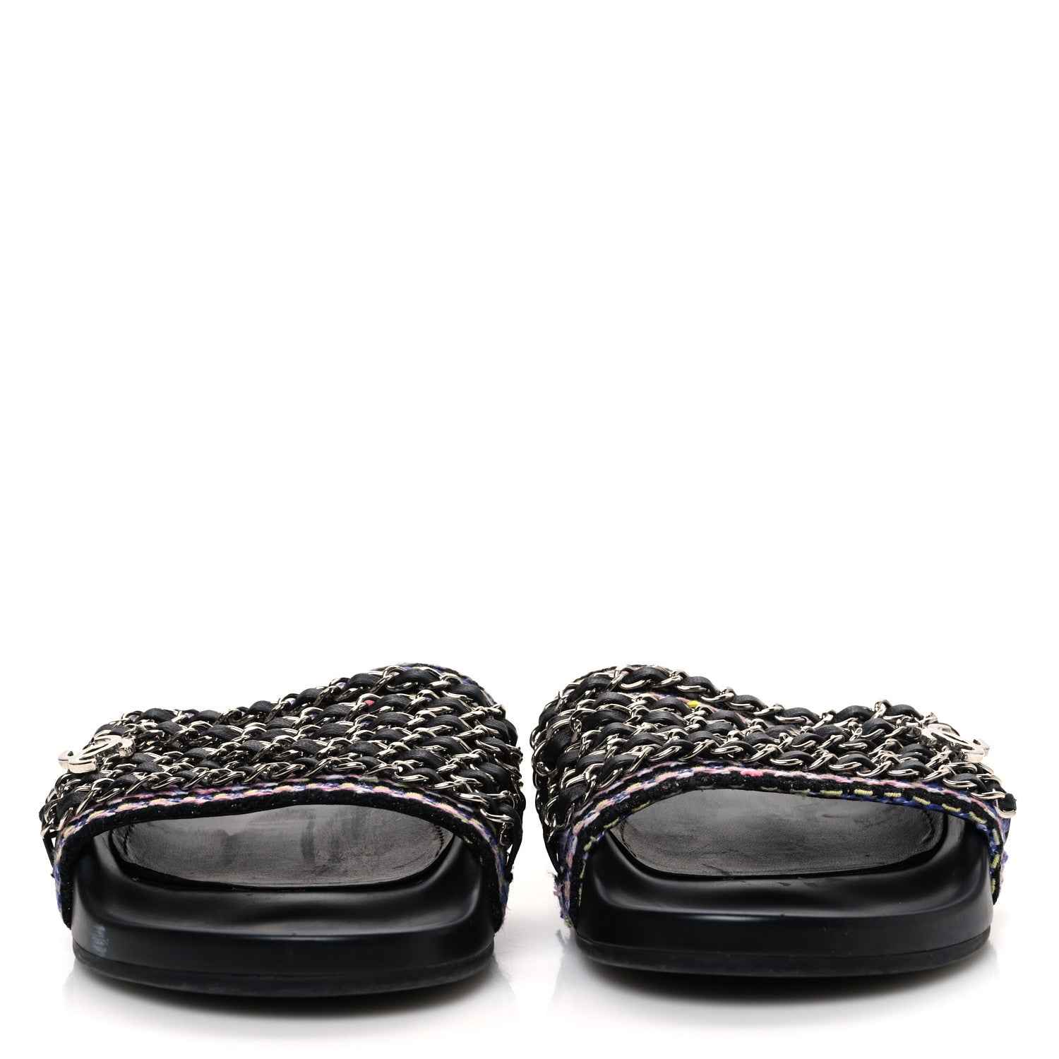 Chanel Tweed Lambskin Chain Flat Sandals 37 Black Multicolor 3 of 12