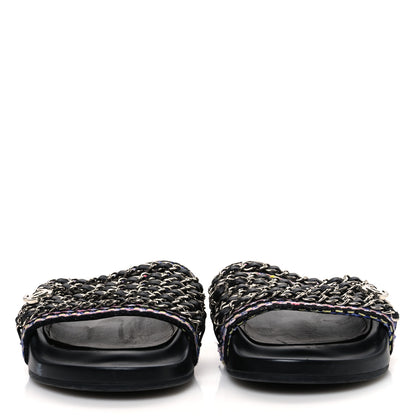 Chanel Tweed Lambskin Chain Flat Sandals 37 Black Multicolor 3 of 12