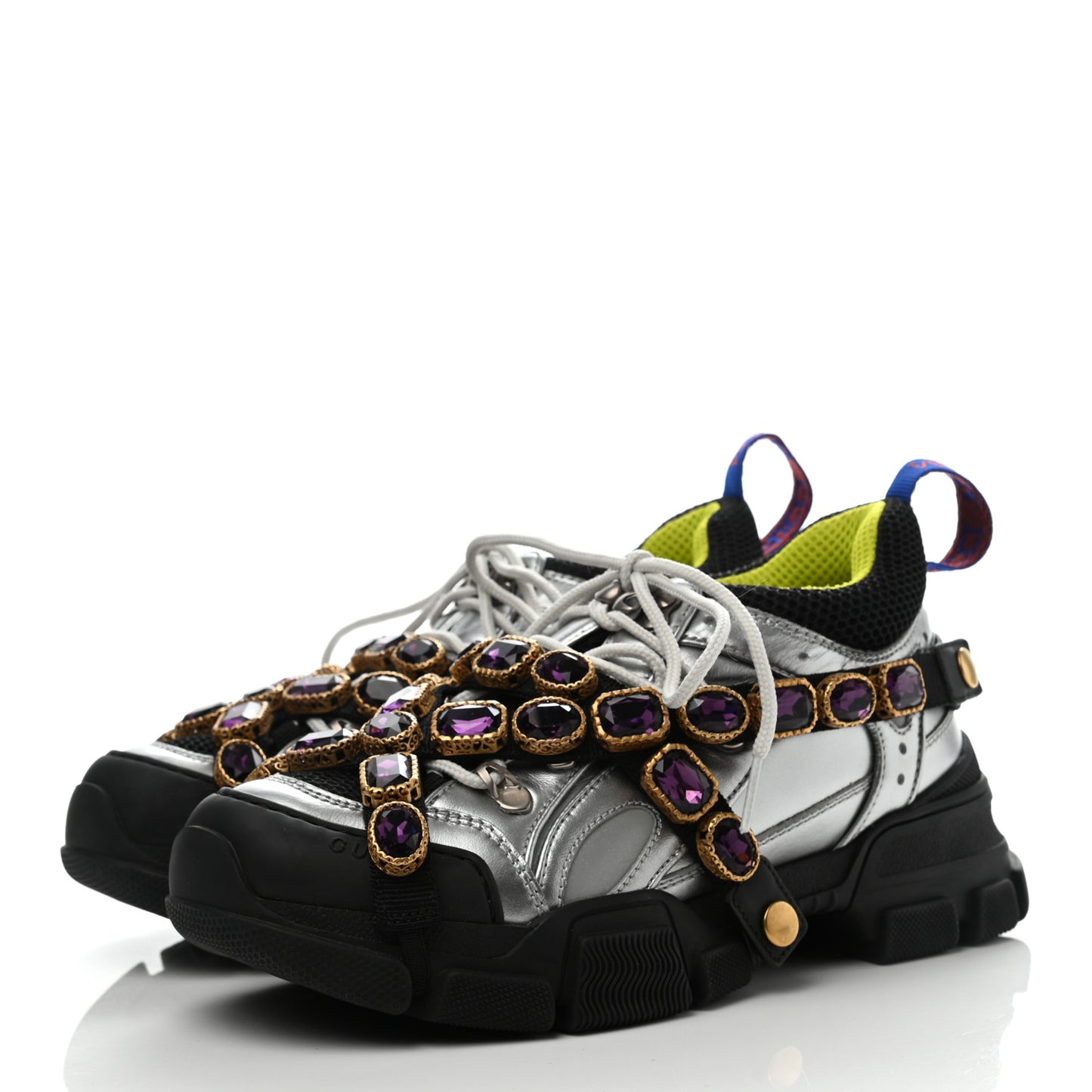 X SEGA Metallic Calfskin Mesh Removable Crystals Womens Flashtrek Sneakers 37.5 Silver Black