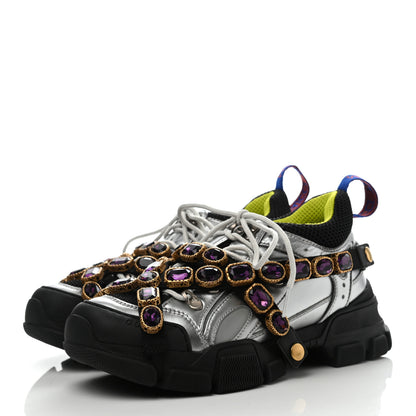 Gucci X SEGA Metallic Calfskin Mesh Removable Crystals Womens Flashtrek Sneakers 37.5 Silver Black 3 of 5