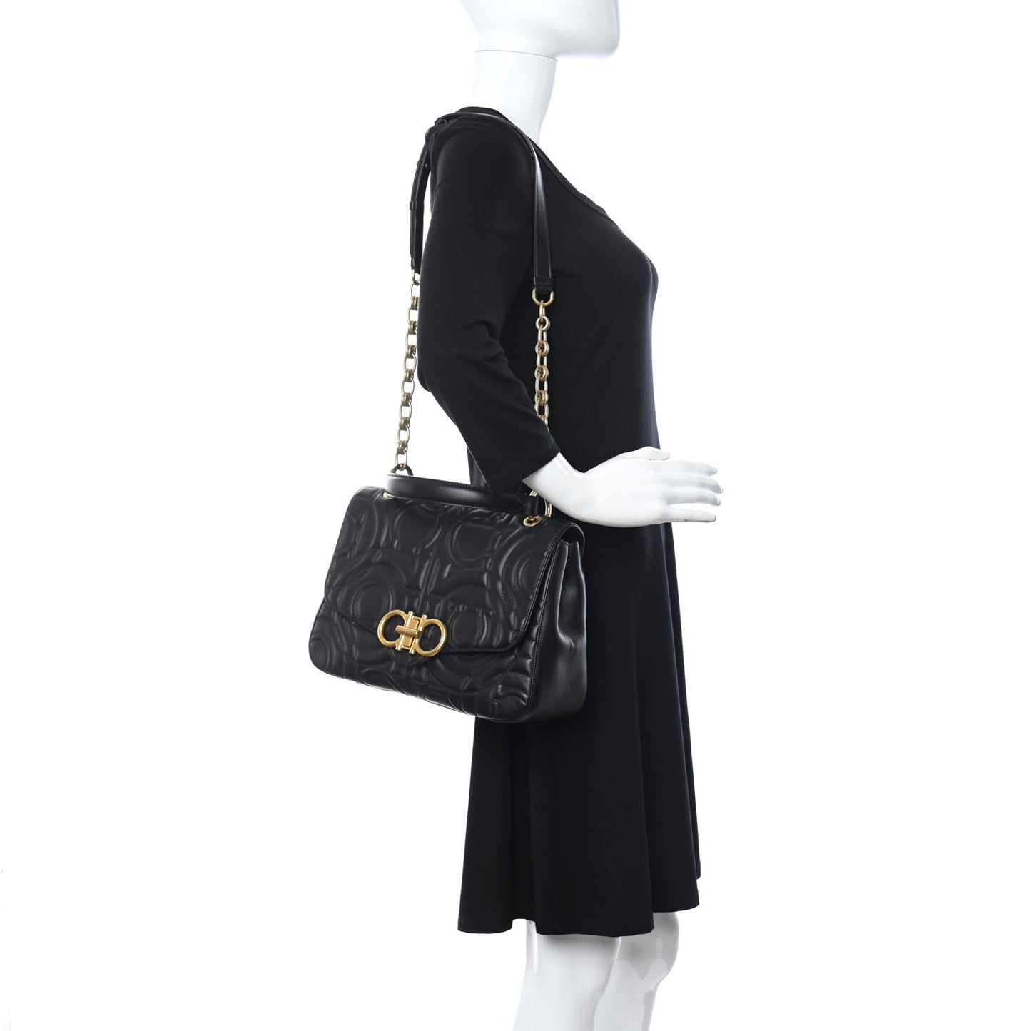 Calfskin Quilted Gancini Flap Bag Black