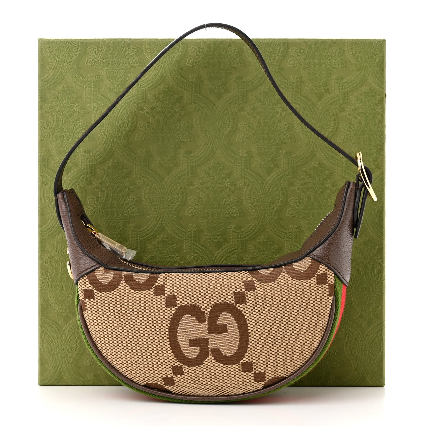 Monogram Jumbo GG Textured Dollar Calfskin Web Mini Ophidia Half Moon Hobo Camel Ebony New Acero