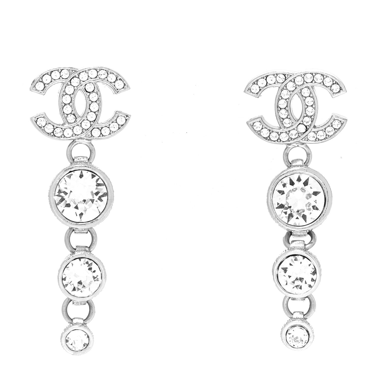 Chanel Metal Crystal CC Drop Earrings Silver 1 of 4
