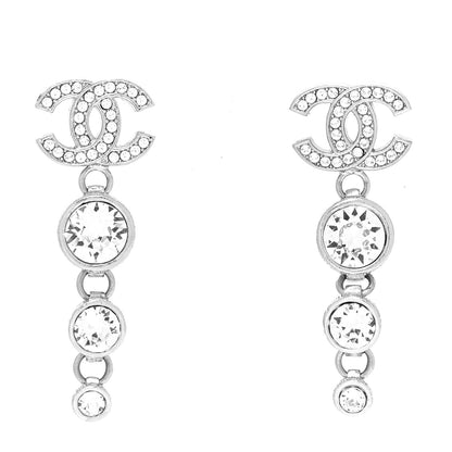 Chanel Metal Crystal CC Drop Earrings Silver 1 of 4