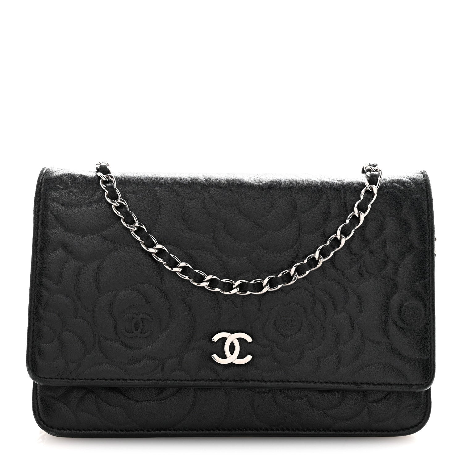 Chanel Lambskin Camellia Embossed Wallet On Chain WOC Black 1 of 15