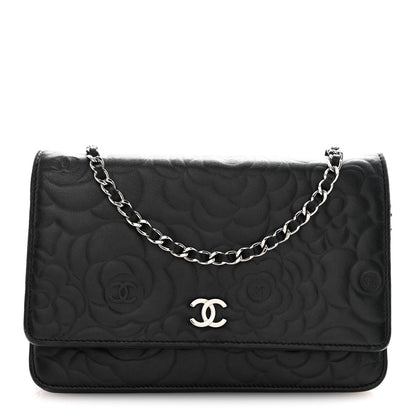 Chanel Lambskin Camellia Embossed Wallet On Chain WOC Black 1 of 15