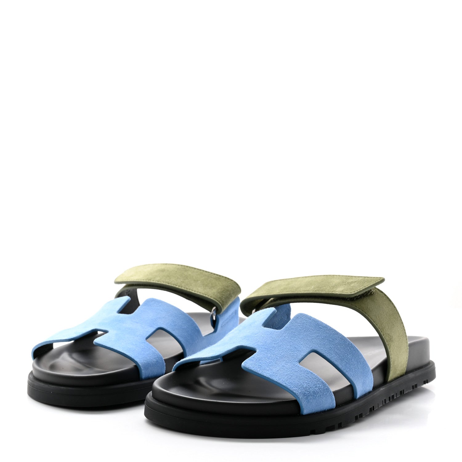 Hermes Suede Goatskin Womens Chypre Sandals 37 Bleu Cameo Vert 3 of 11