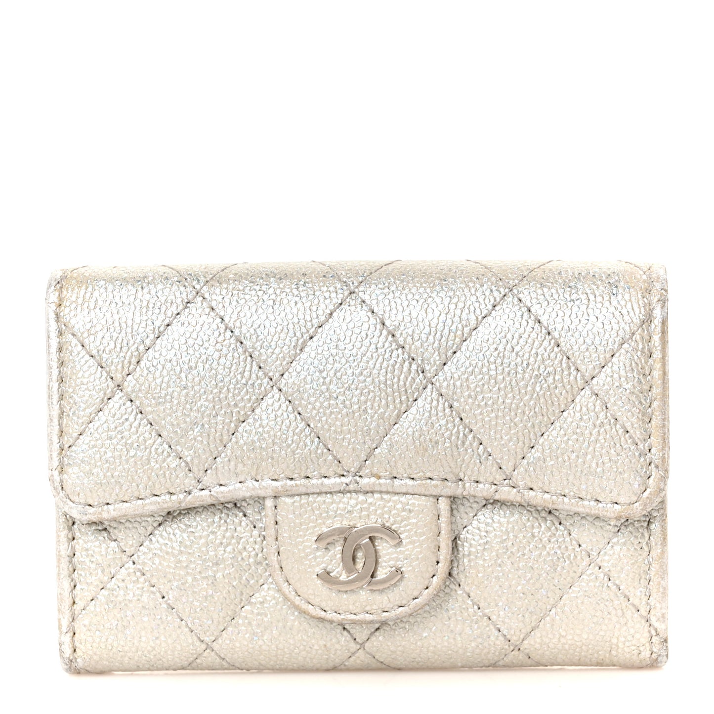 Glittered Metallic Caviar Quilted Flap Card Holder Wallet Silver