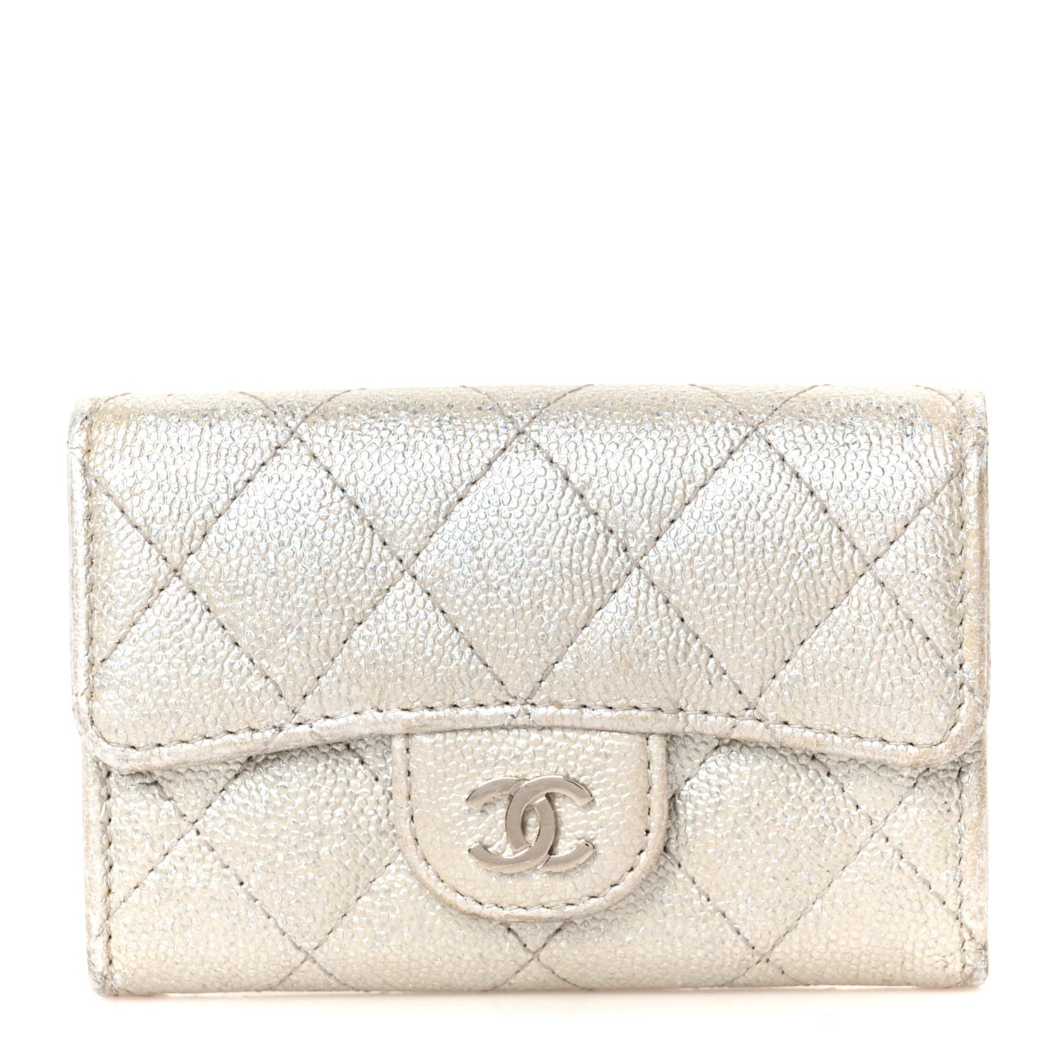 Chanel Glittered Metallic Caviar Quilted Flap Card Holder Wallet Silver 1 of 9