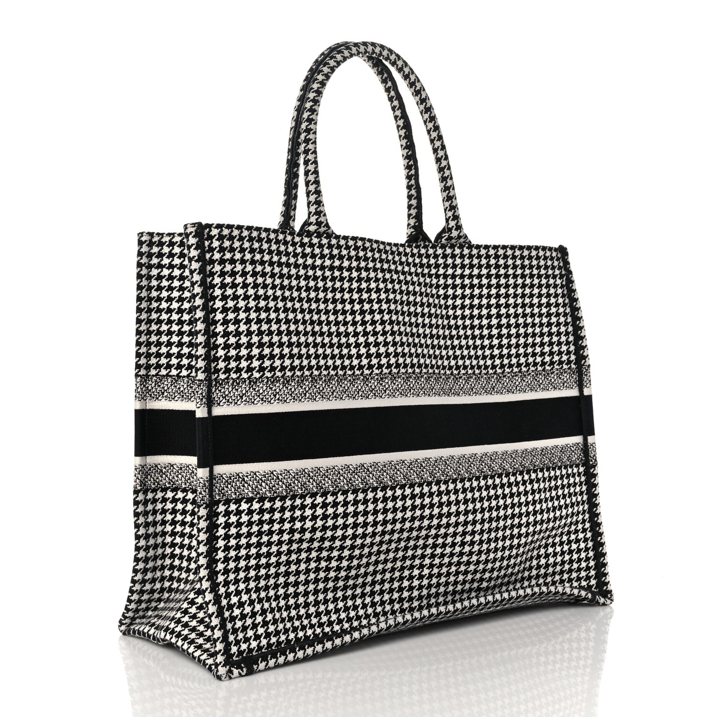 Canvas Houndstooth Embroidered Book Tote Black White