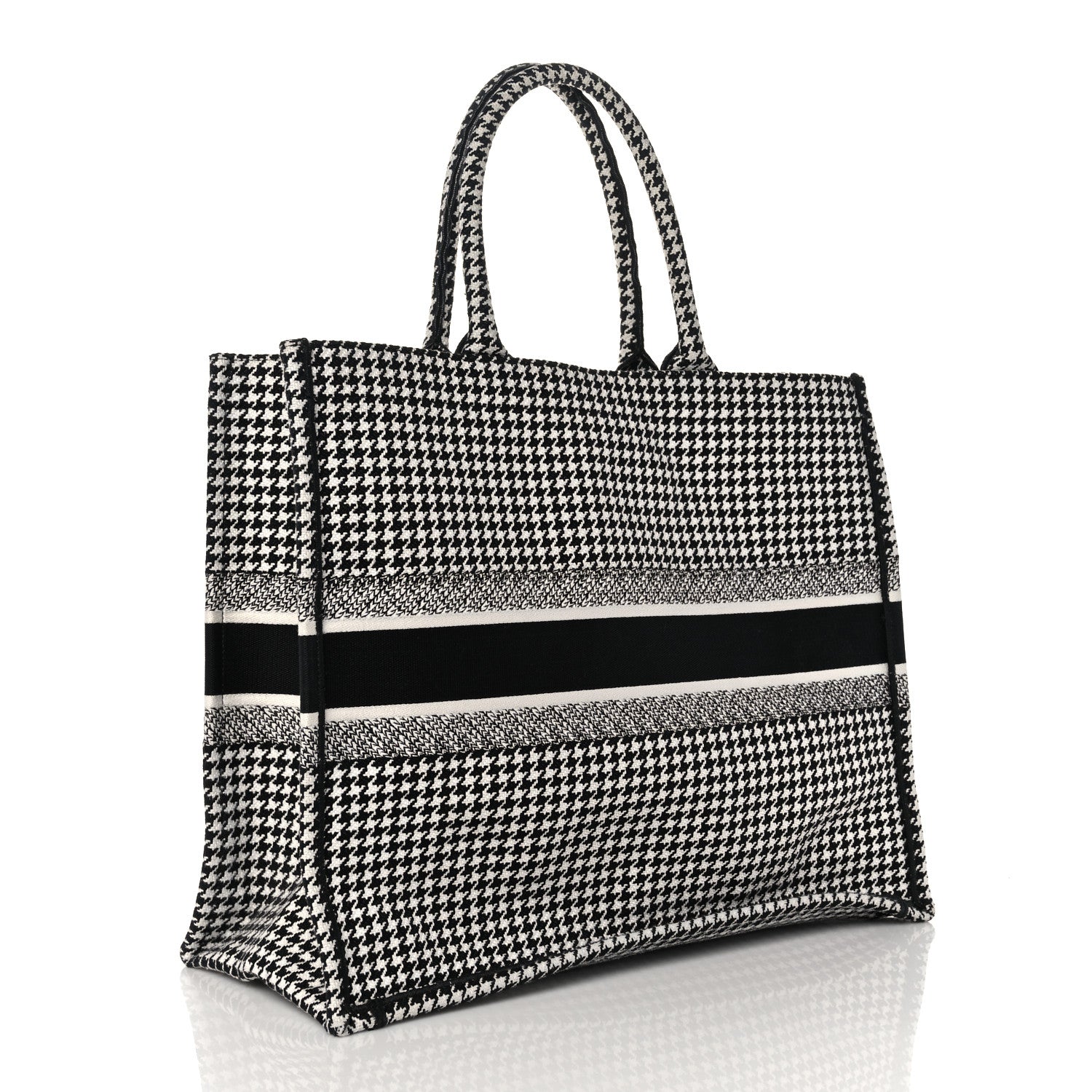 Christian Dior Canvas Houndstooth Embroidered Book Tote Black White 3 of 10