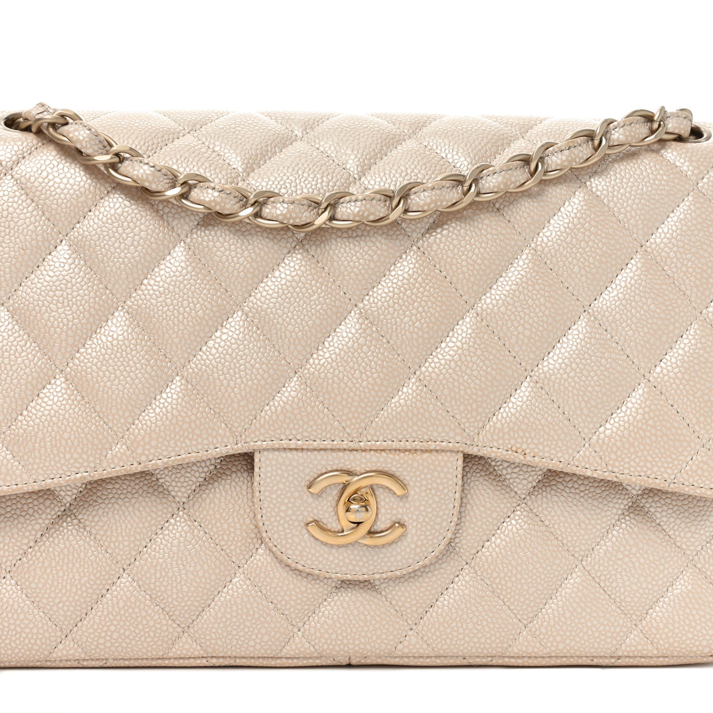 Iridescent Caviar Quilted Jumbo Double Flap Beige