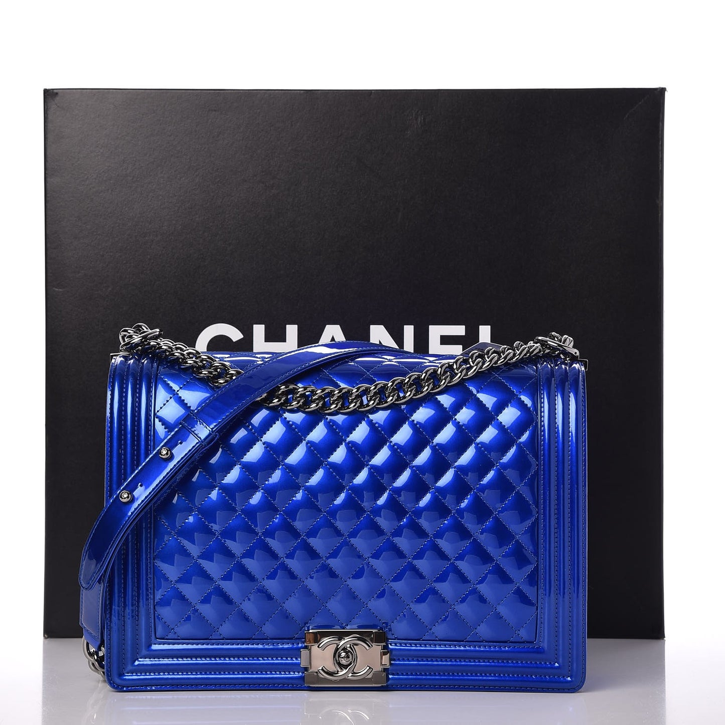 Metallic Patent Quilted Large Boy Flap Blue