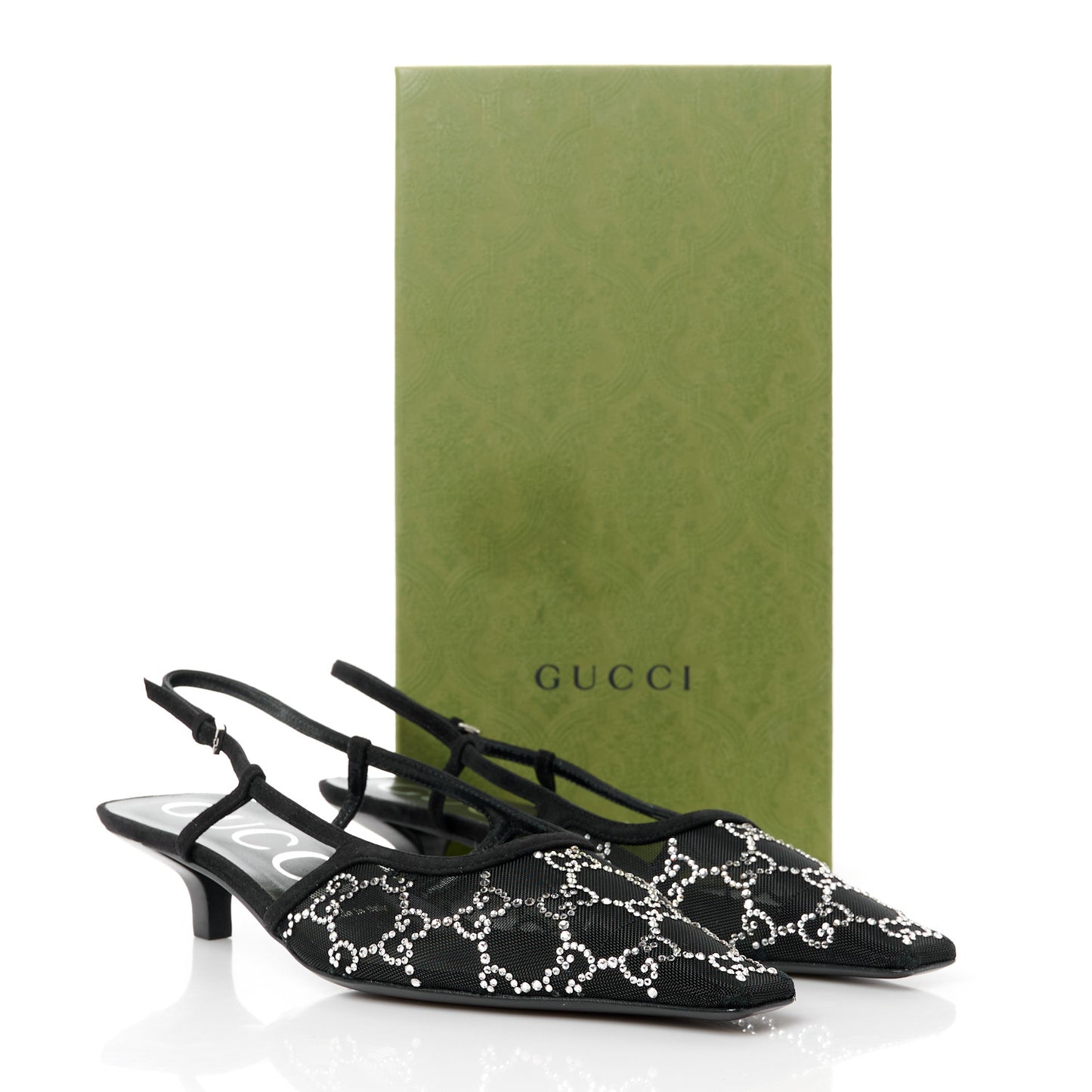Tela Retino Kid Scamosciato Crystal GG Monogram Square G 35mm Slingback Pumps 38.5 Black
