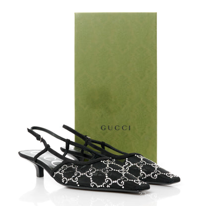 Gucci Tela Retino Kid Scamosciato Crystal GG Monogram Square G 35mm Slingback Pumps 38.5 Black 10 of 10