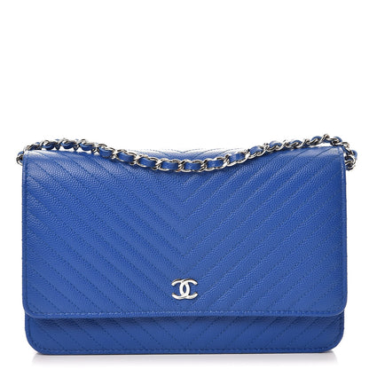 Chanel Caviar Chevron Quilted Wallet On Chain WOC Bright Blue 1 of 9