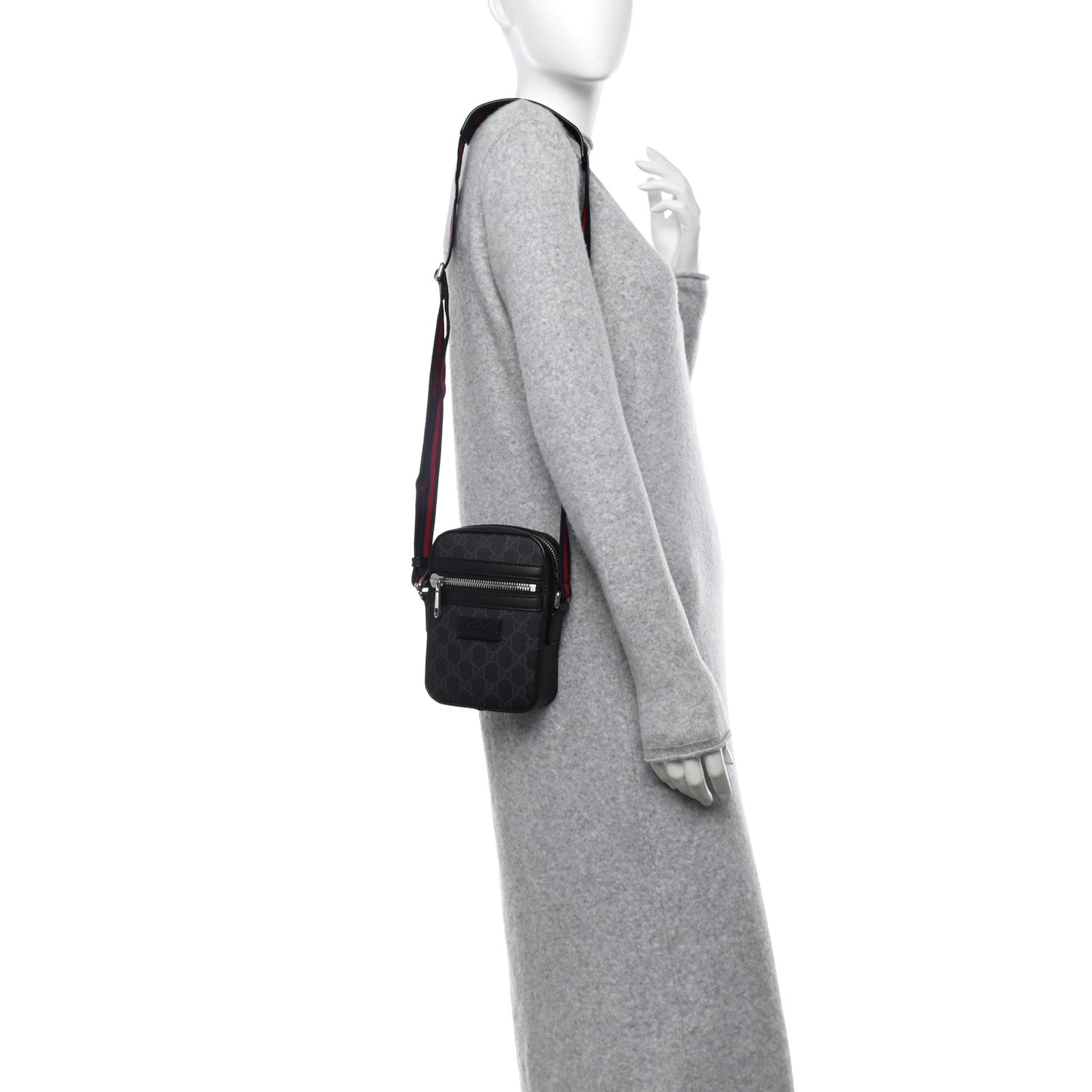 GG Supreme Monogram Appia Calfskin Web Small Camera Messenger Bag Black Grey
