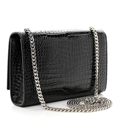 Saint Laurent Calfskin Crocodile Embossed Small Classic Monogram Kate Tassel Satchel Black 3 of 10