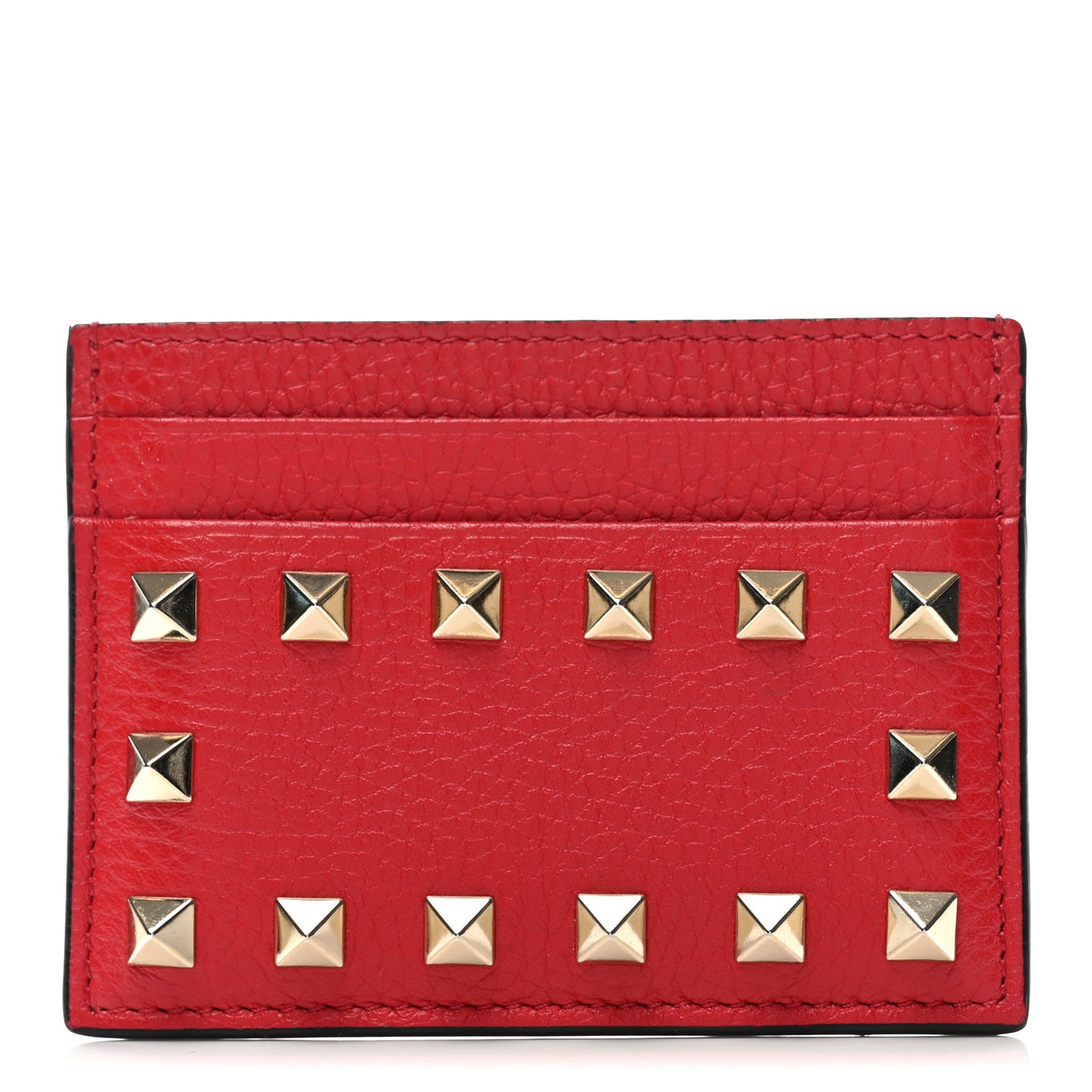 Pebbled Calfskin Rockstud Card Holder Red