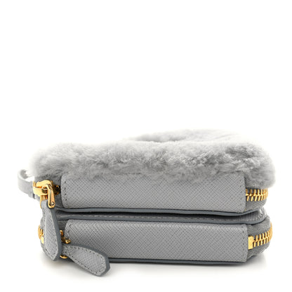 Prada Montone Shearling Saffiano Triangle Mini Pouch Fiordaliso 4 of 10