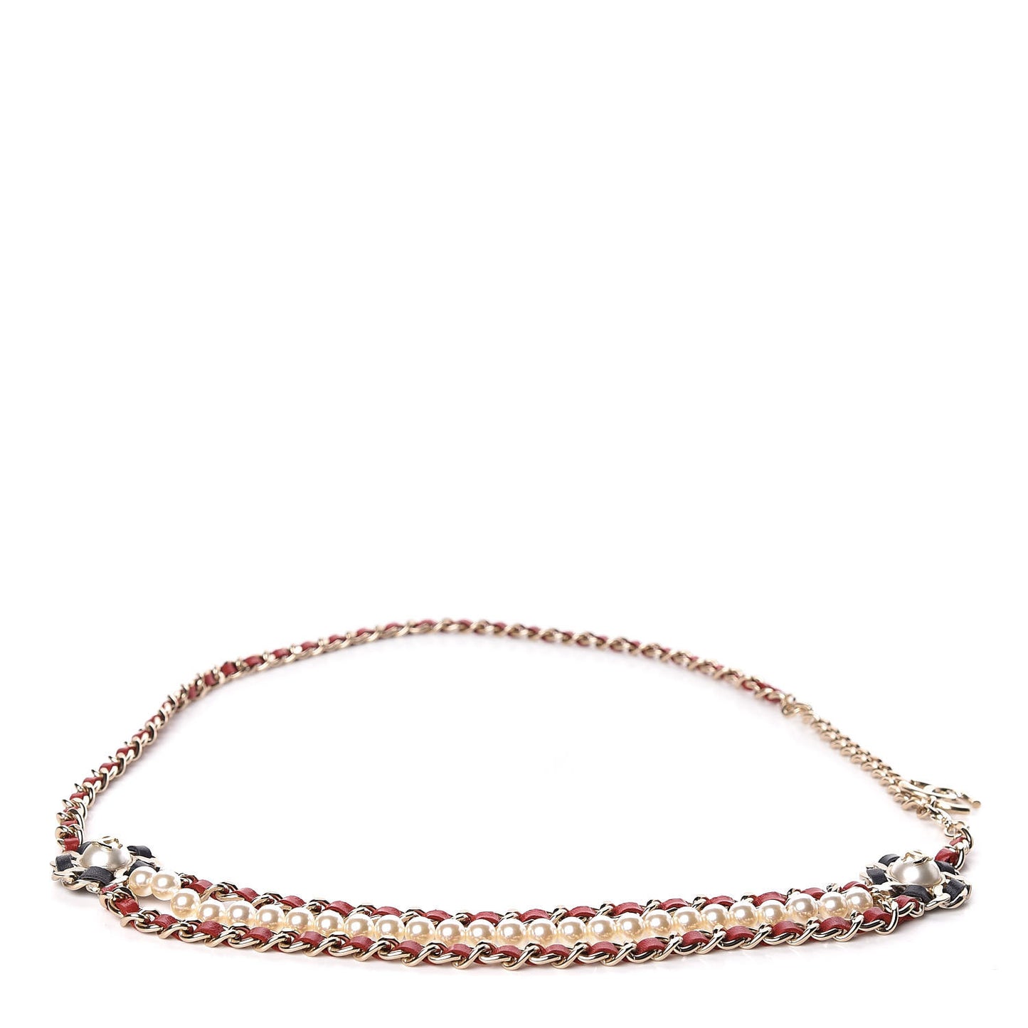 Lambskin Pearl Chain Camellia Fancy Belt 80 Black Red Gold