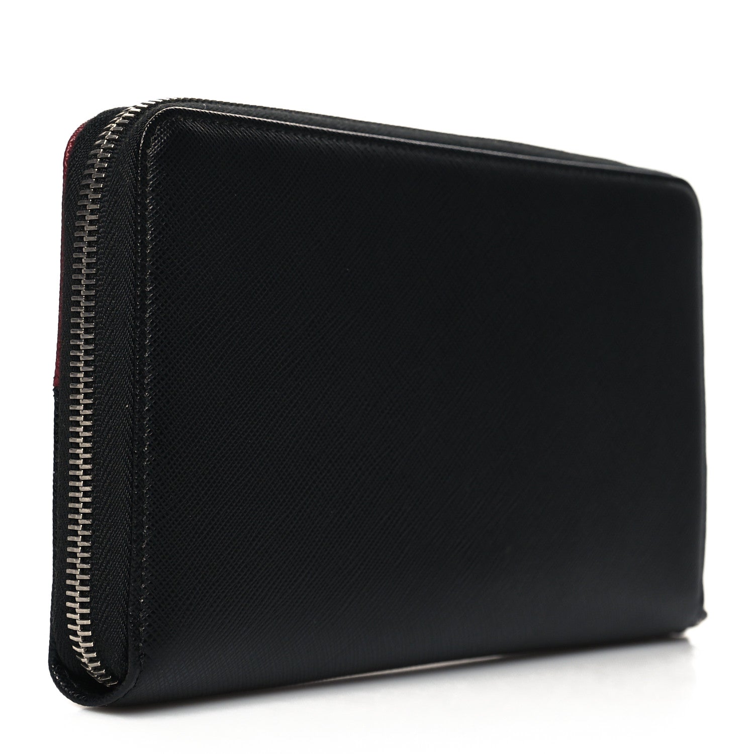 Prada Saffiano Metal Large Zip Around Travel Wallet Black Rubino 3 of 11