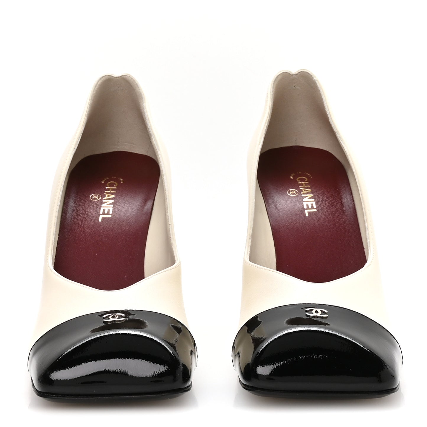 Lambskin Patent Calfskin Cap Toe Pumps 39 Ivory Black
