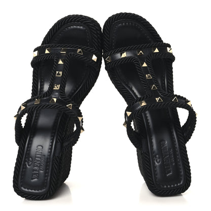 Valentino Garavani Calfskin Rockstud Torchon Espadrille Caged 25/95mm Wedge Sandals 39 Black 2 of 7