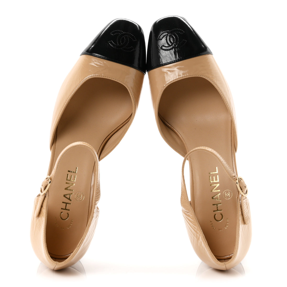 Chanel Shiny Lambskin CC Cap Toe Mary Janes Pumps 39 Beige Black 2 of 10
