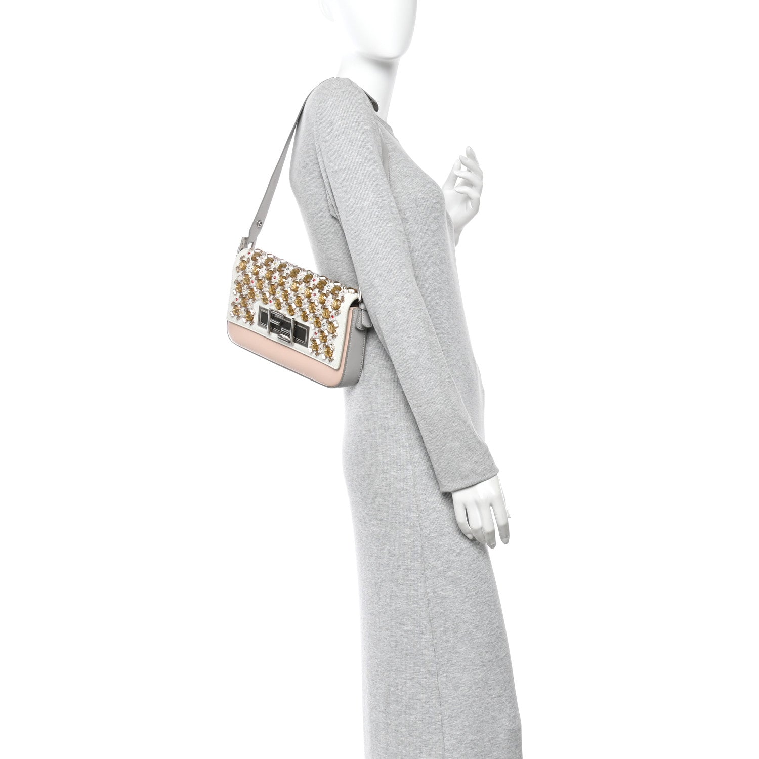 Fendi Vitello Dolce Crystal 3Baguette Shoulder Bag White Pink 2 of 16