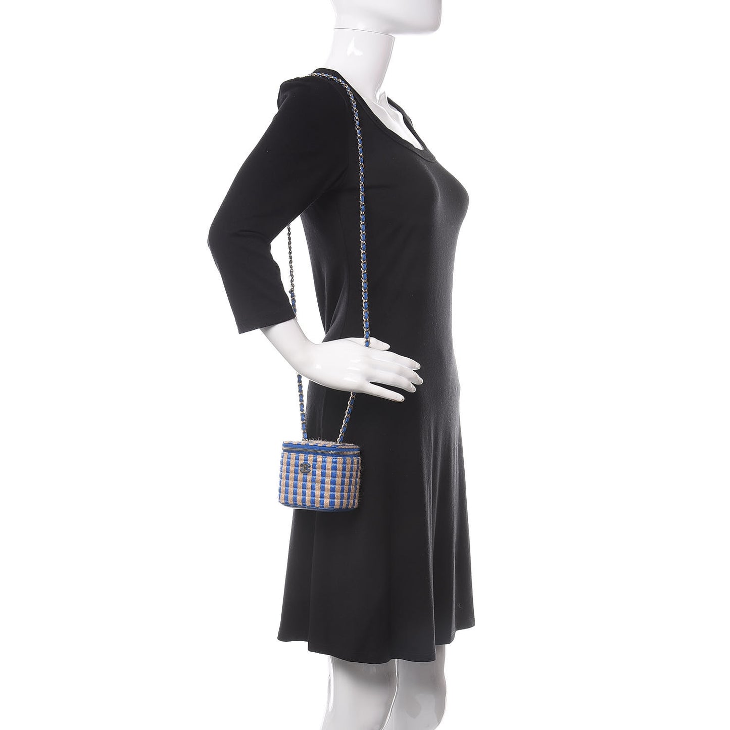 Raffia Jute Striped Mini Vanity Case With Chain Blue Beige