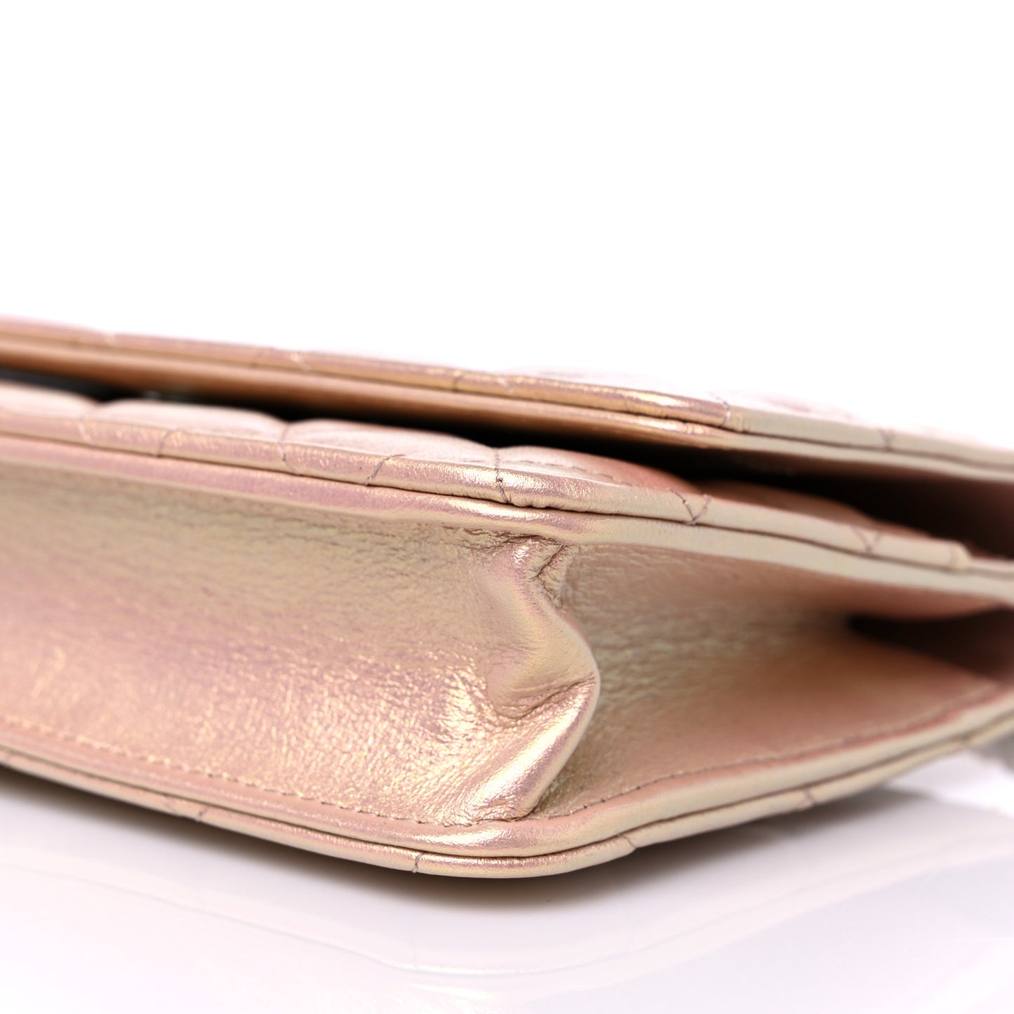 Iridescent Calfskin Quilted Wallet On Chain WOC Pink
