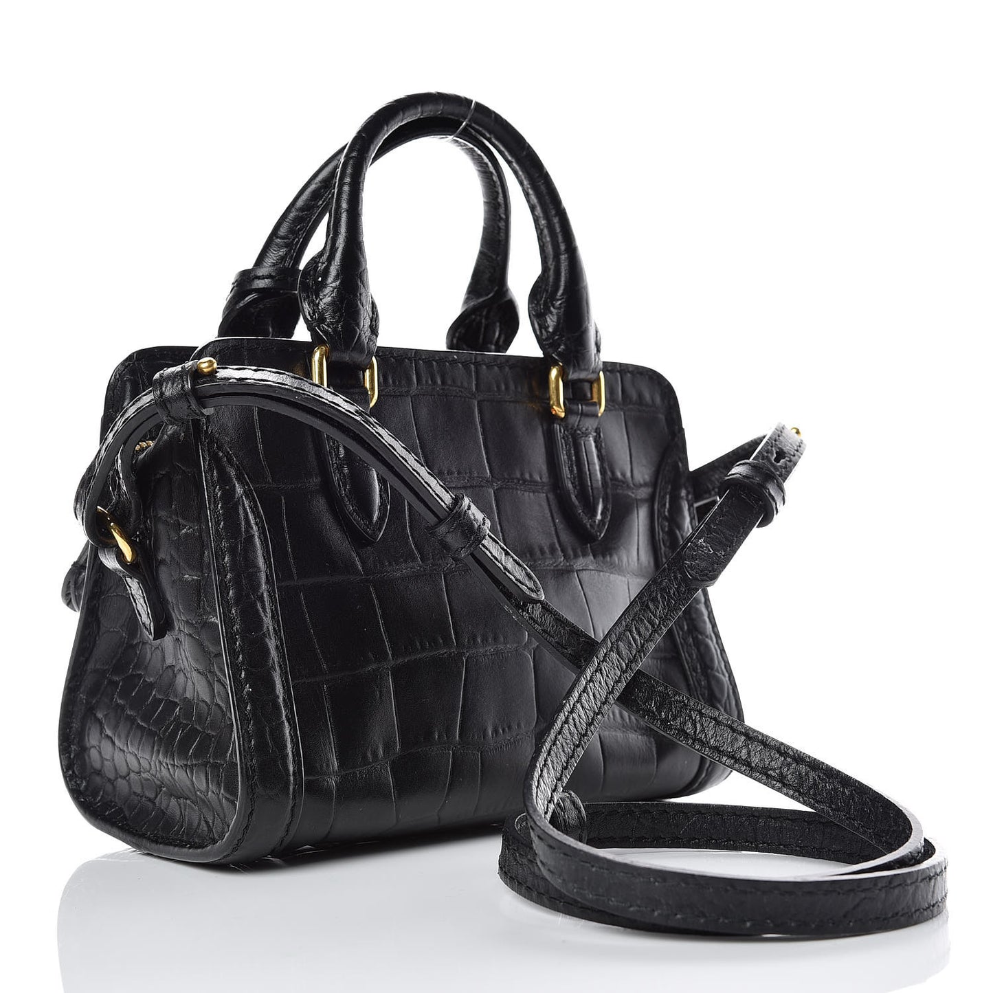 Calfskin Crocodile Embossed Mini Skull Padlock Zip Around Tote Black
