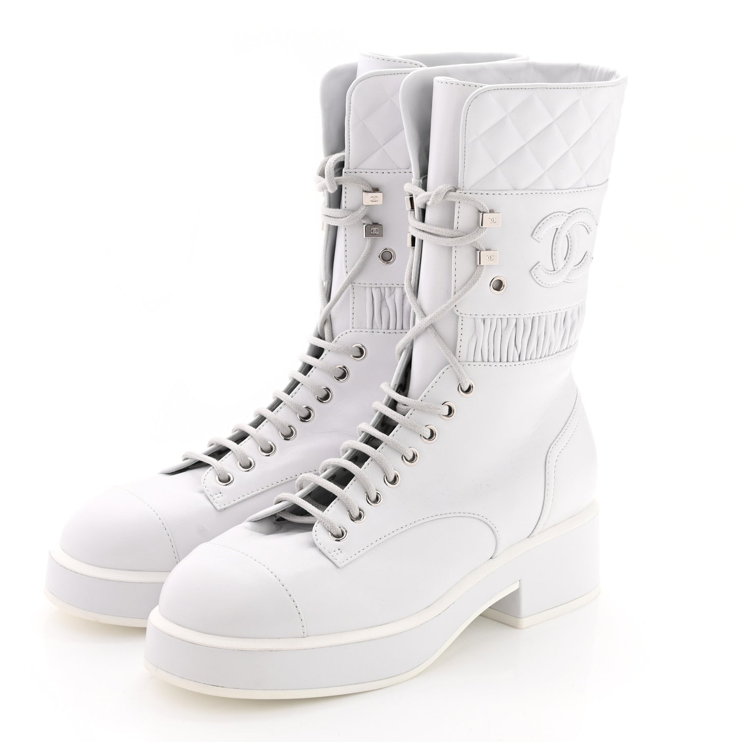Lambskin Quilted Lace Up Combat Boots 38 White
