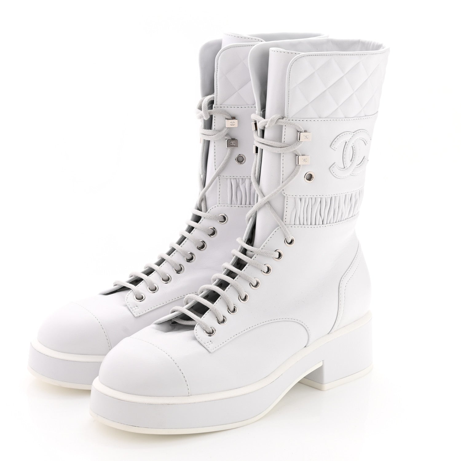 Chanel Lambskin Quilted Lace Up Combat Boots 38 White 3 of 9