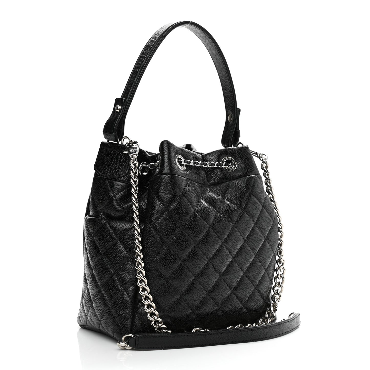 Caviar Flat Quilted CC Chain Bucket Drawstring Bag Black