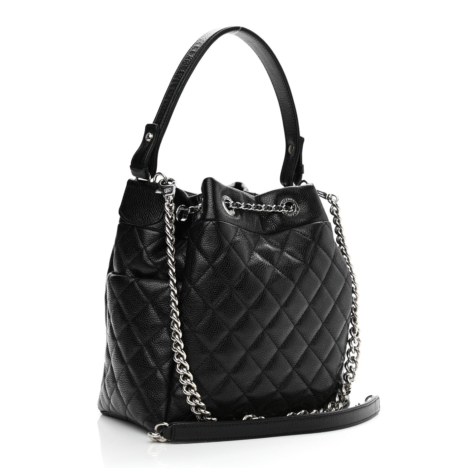 Chanel Caviar Flat Quilted CC Chain Bucket Drawstring Bag Black 3 of 12