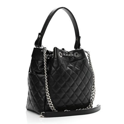 Chanel Caviar Flat Quilted CC Chain Bucket Drawstring Bag Black 3 of 12
