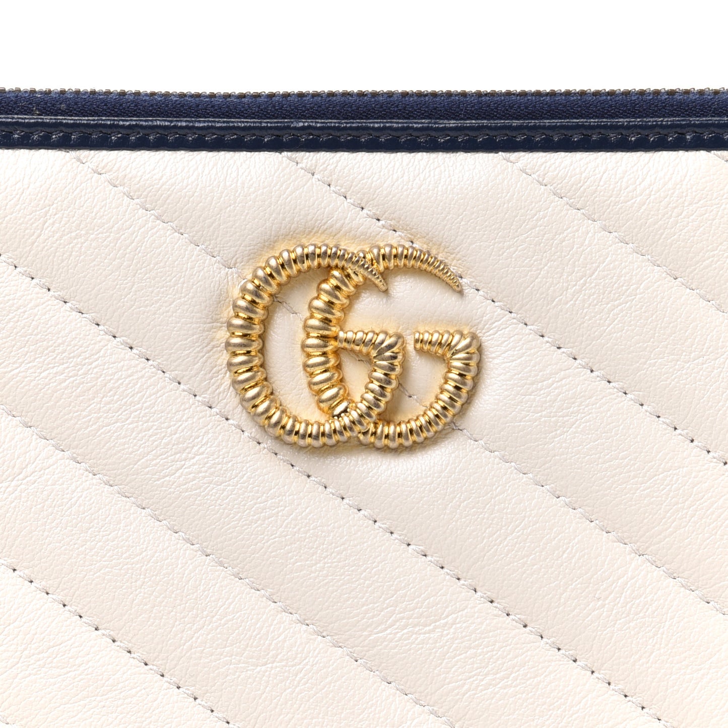Vintage Effect Calfskin Matelasse Diagonal Torchon GG Marmont Zip Pouch Mystic White Blue Agata