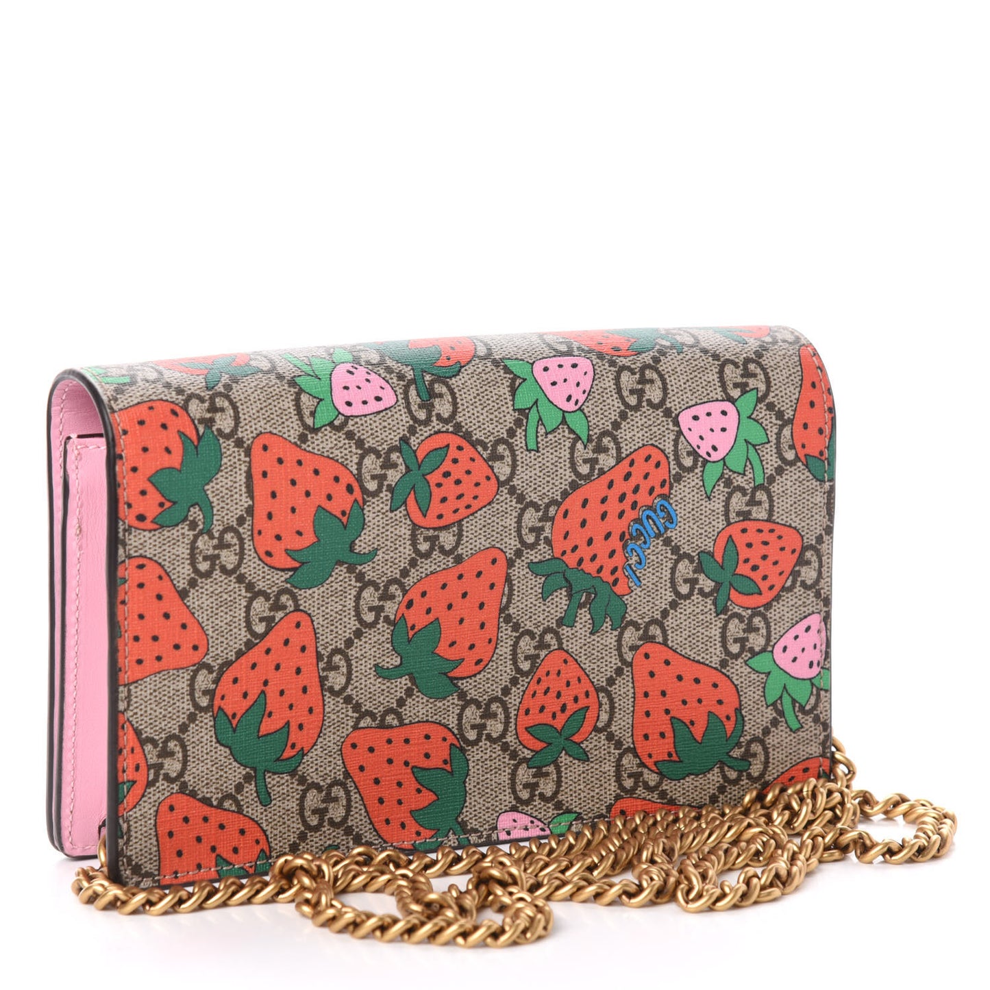 GG Supreme Monogram Strawberry Chain Wallet