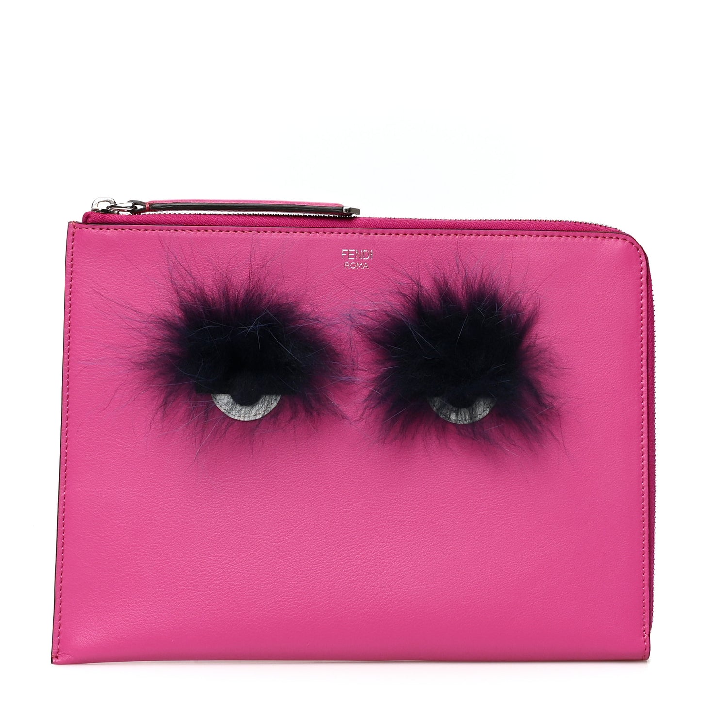 Vitello Dolce Fox Fur Monster Eyes Zip Around Pouch Magenta