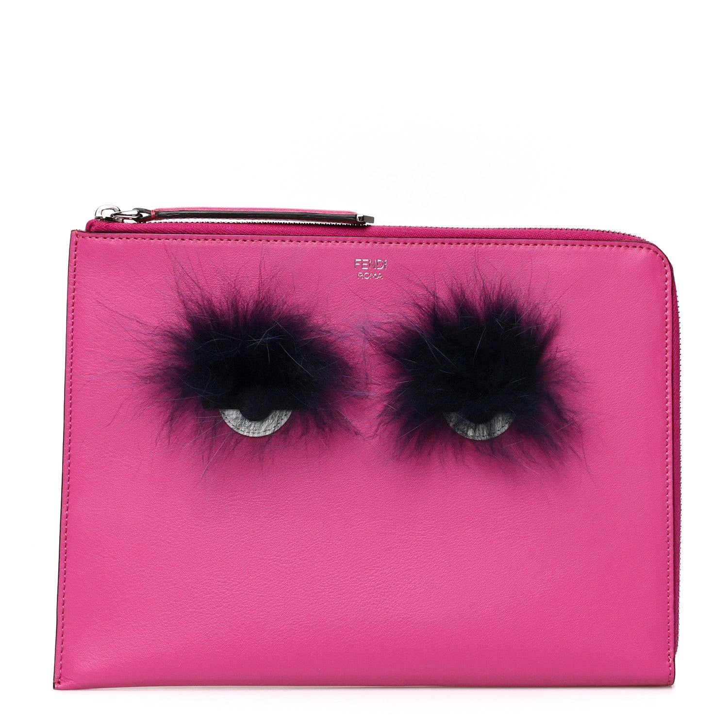 Fendi Vitello Dolce Fox Fur Monster Eyes Zip Around Pouch Magenta 1 of 8
