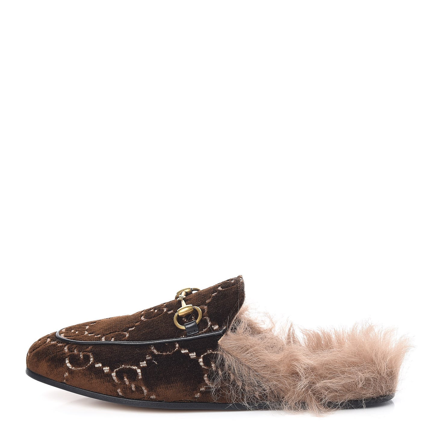 Velvet GG Monogram Fur Womens Princetown Slippers 36 Brown Black Natural
