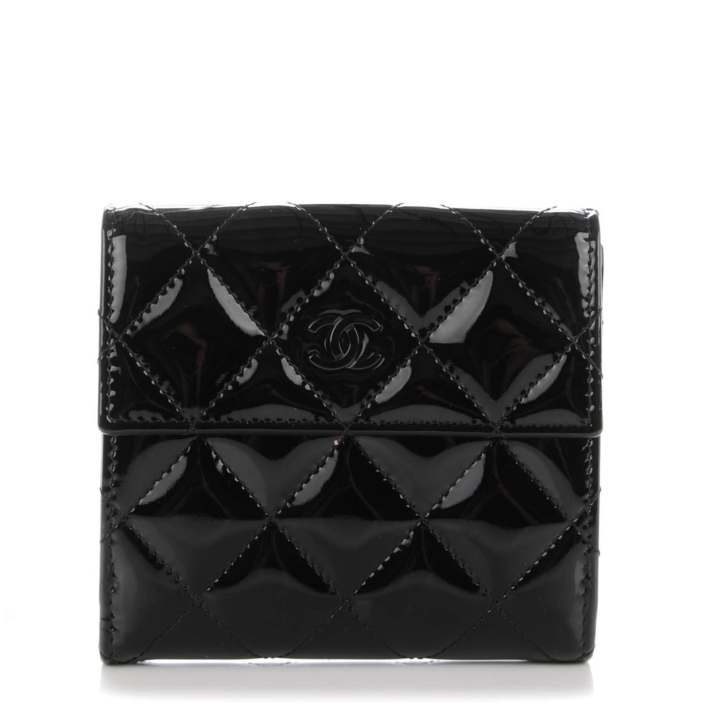 Patent Quilted Compact French Flap Wallet Black
