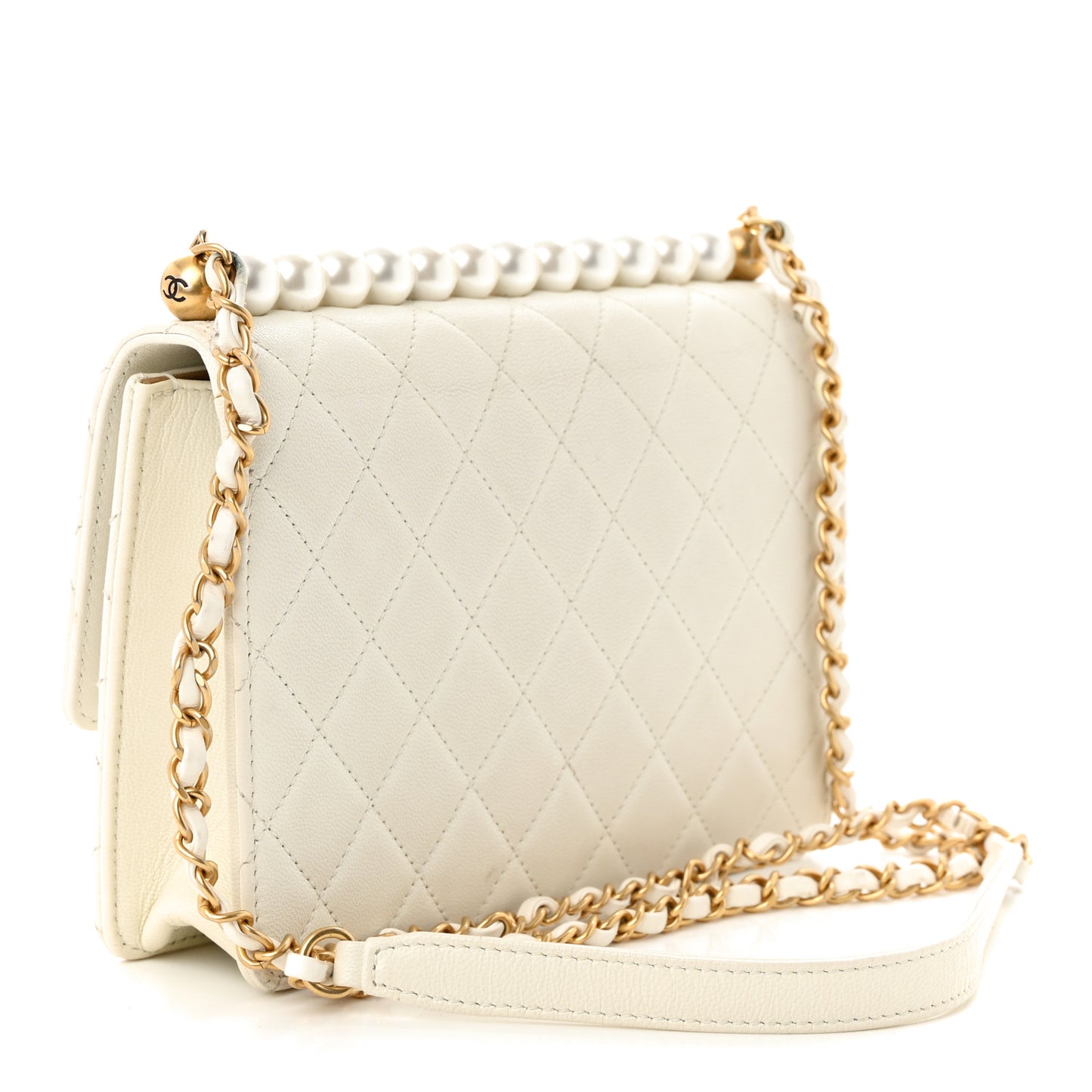 Lambskin Quilted Small Chic Pearls Flap White
