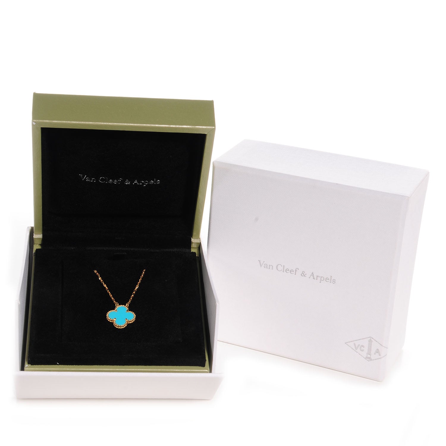 Van Cleef & Arpels 18K Yellow Gold Turquoise Vintage Alhambra Pendant Necklace 5 of 5