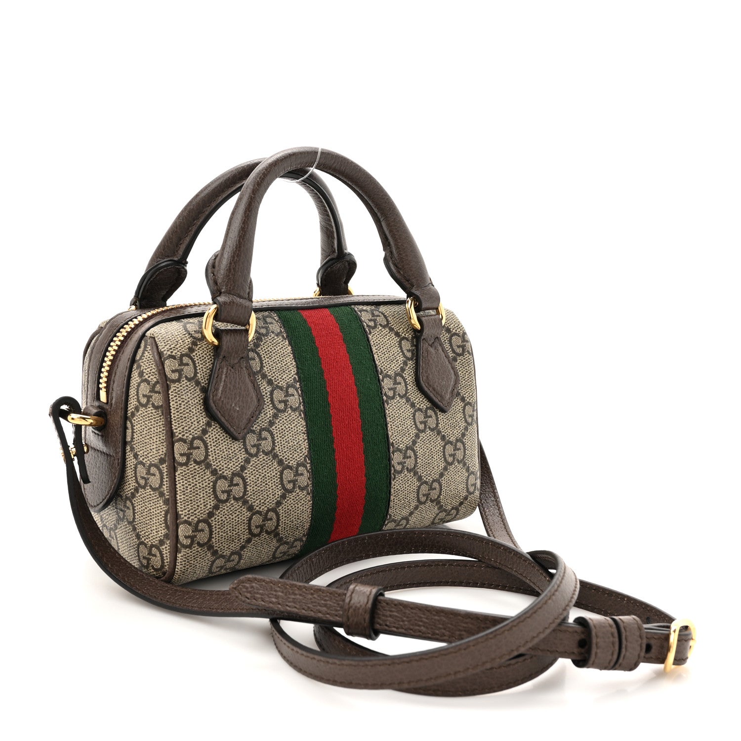 Gucci GG Supreme Monogram Textured Dollar Calfskin Web Super Mini Ophidia Top Handle Bowler Bag Beige Ebony New Acero 3 of 11