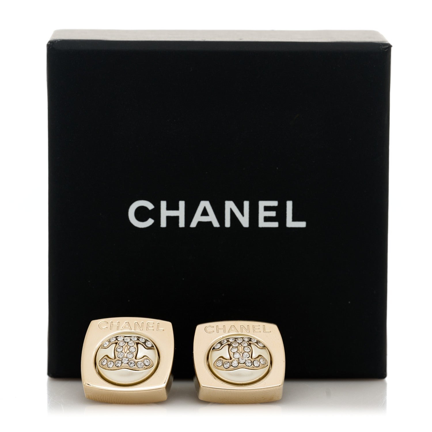 Chanel Metal Pearl Crystal CC Logo Square Earrings Gold Pearly White 5 of 5