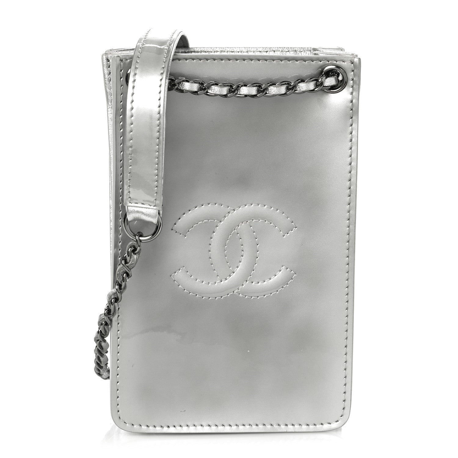 Chanel Metallic Patent Crossbody CC Phone Holder Silver 1 of 12