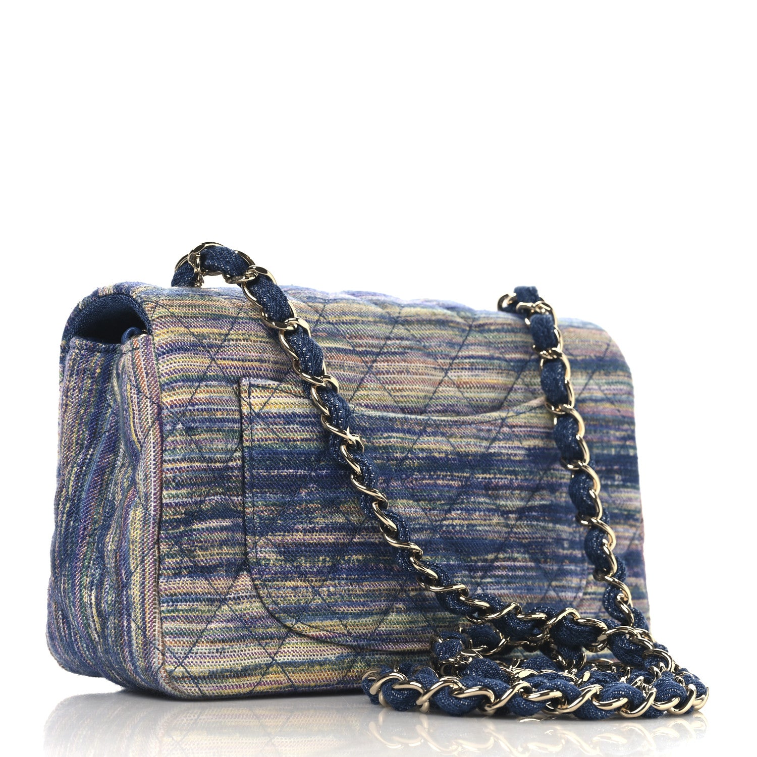 Chanel Striated Denim Quilted Classics in Fabrics Mini Rectangular Flap Navy Yellow Purple Green Multicolor 3 of 11